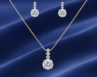 14K Gold Diamond Necklace and Earrings Set - Bridal Wedding