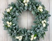 Year Round Front Door Wreath, Farmhouse Rustic Wreath, Eucalyptus, All Year Wreath, Wedding, Bridal, Year Round Wreath, Lamb s Ear Wreath