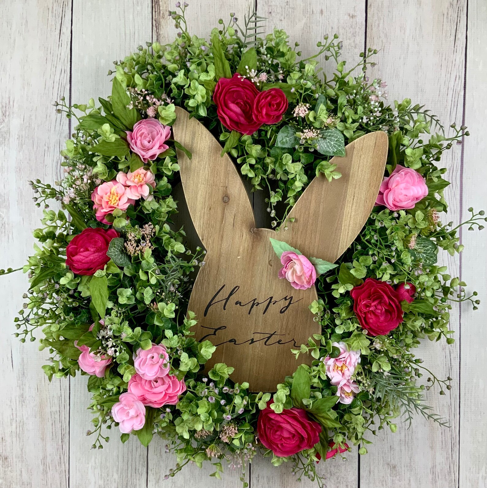 Happy Easter Bunny Greenery Wreaths with Flowers