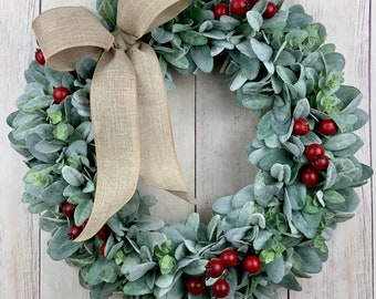 Winter wreath, Christmas wreath, holiday wreath, front door wreath, fall wreath, year-round wreath, lambs ear wreath,farmhouse wreath