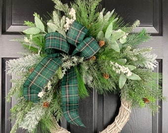 Winter wreath for front door, winter wreath, evergreen Wreath, outdoor Wreath, frosted wreath, Pine, berries, crescent bow, pinecones, large