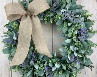 Spring summer wreath for front door wreath with lambs ear, eucalyptus and lavender, farmhouse wreath, burlap bow, outdoor, year round wreath