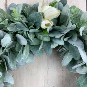 Lambs ear wreath with eucalyptus and ivory tulips, front door farmhouse wreath, Year round Rustic, All Year Wreath, Wedding Bridal Wreath image 7