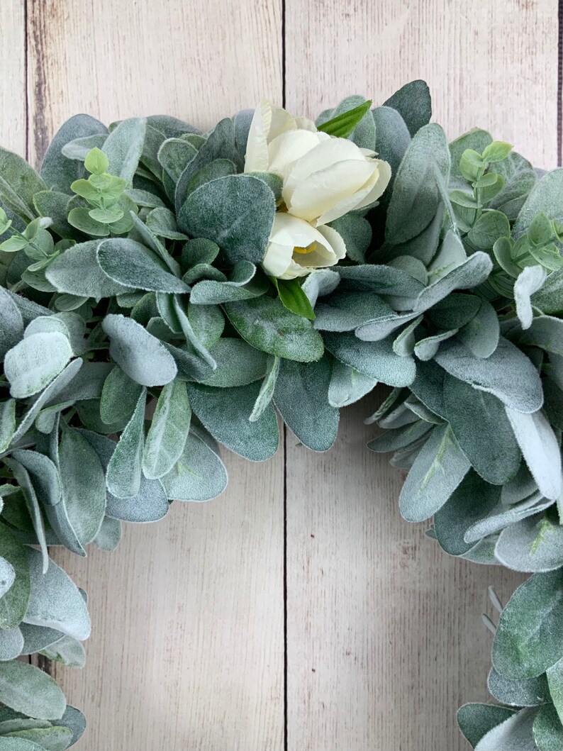 Lambs ear wreath with eucalyptus and ivory tulips, front door farmhouse wreath, Year round Rustic, All Year Wreath, Wedding Bridal Wreath image 7