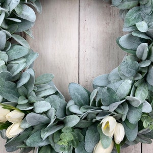 Lambs ear wreath with eucalyptus and ivory tulips, front door farmhouse wreath, Year round Rustic, All Year Wreath, Wedding Bridal Wreath afbeelding 5