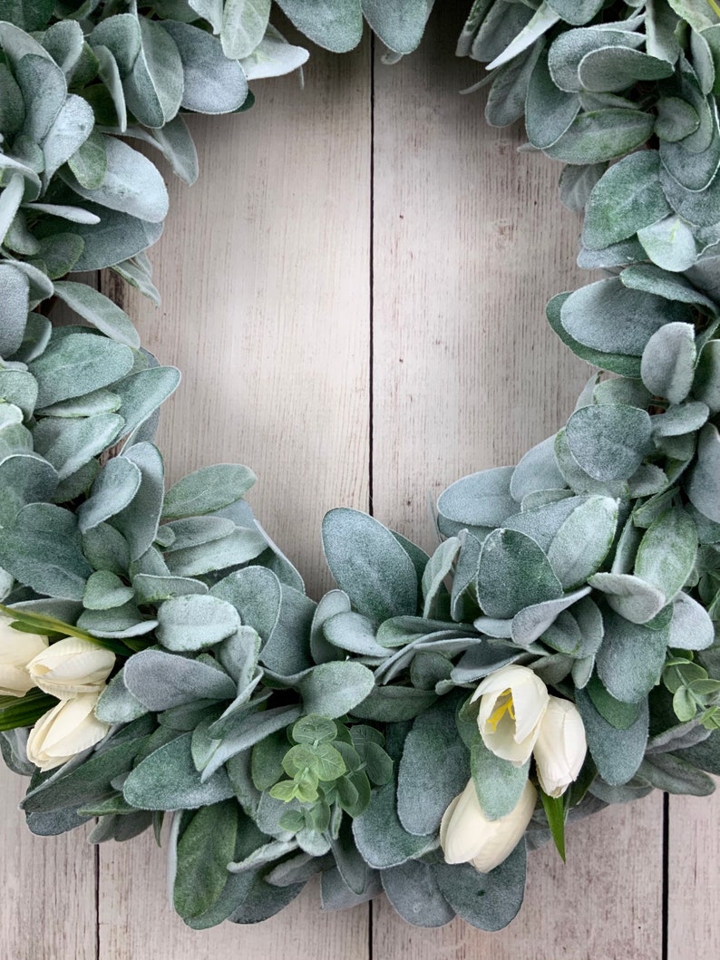 Lambs ear wreath with eucalyptus and ivory tulips, front door farmhouse wreath, Year round Rustic, All Year Wreath, Wedding Bridal Wreath image 5