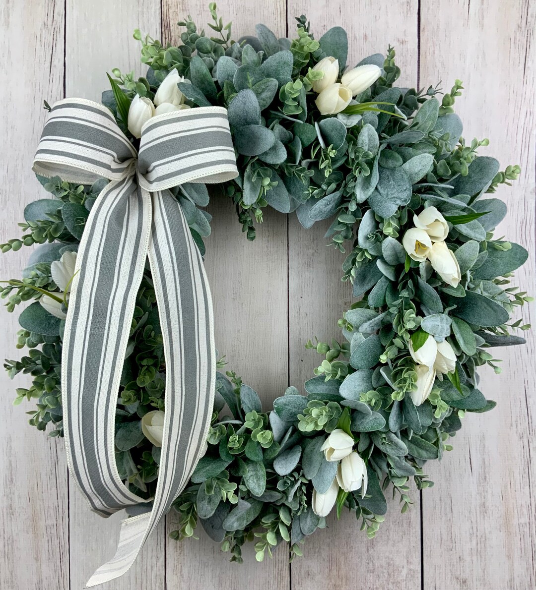 Lambs Ear and Eucalyptus Wreath, Cream Tulips, Farmhouse Decor - Etsy