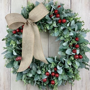 Christmas wreath for front door, Lambs ear wreath, eucalyptus wreath, farmhouse wreath, greenery wreath, wreath with bow, frosted berries