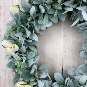 Lambs ear wreath with eucalyptus and ivory tulips, front door farmhouse wreath, Year round Rustic, All Year Wreath, Wedding Bridal Wreath afbeelding 8