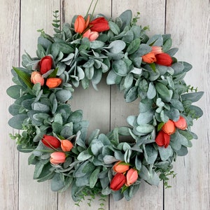 Spring summer wreath for front door, spring wreath, summer wreath, lambs ear wreath, tulip wreath, outdoor, Mother’s Day gift, farmhouse