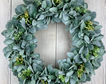 All season front door wreath, summer, fall, spring, year round wreath, lambs ear wreath, farmhouse wreath, eucalyptus wreath
