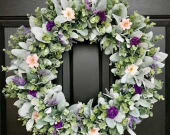 Spring summer victorian front door wreath with lambs ear, eucalyptus, pink miniature pink and purple floral, large outdoor, gift for mom