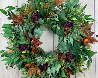 Fall wreath for front door, botanical, fall wreath with eucalyptus, fall leaves, and berries, outdoor wreath, fall decor, dhalias, greenery