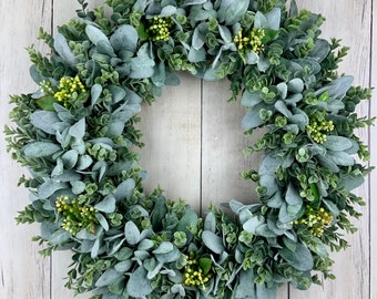 Spring wreath for front door with lambs ear greenery, eucalyptus and berries, outdoor wreath with bow, year round wreath, farmhouse rustic