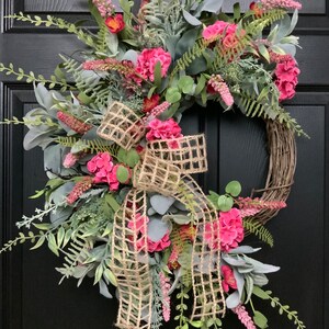 Spring summer wreath for front door, crescent shaped with pink geraniums, wildflowers, greenery and bow, shower, birthday gift for mom