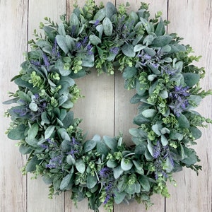 Spring outdoor wreath for front door wreath with lambs ear, eucalyptus and lavender, year round wreath, burlap bow, farmhouse wreath, gift