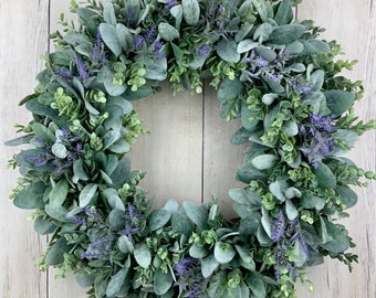 Spring outdoor wreath for front door wreath with lambs ear, eucalyptus and lavender, year round wreath, burlap bow, farmhouse wreath, gift