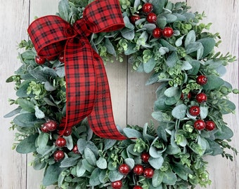 Christmas wreath for front door, Lambs ear wreath, eucalyptus wreath, farmhouse wreath, greenery wreath, wreath with bow, frosted berries