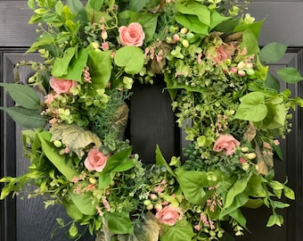 Spring and summer outdoor wreath for front door with pink tea roses and berries, eucalyptus greenery, Birthday gift for mom, grapevine