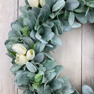 Lambs ear wreath with eucalyptus and ivory tulips, front door farmhouse wreath, Year round Rustic, All Year Wreath, Wedding Bridal Wreath afbeelding 4