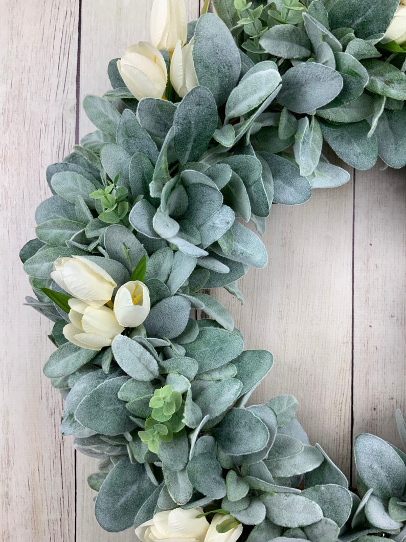 Lambs ear wreath with eucalyptus and ivory tulips, front door farmhouse wreath, Year round Rustic, All Year Wreath, Wedding Bridal Wreath image 4