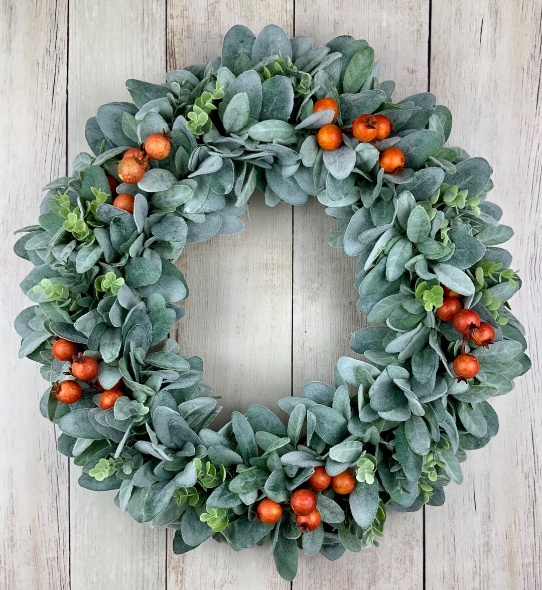 Fall Outdoor Wreath for Front Door With Lambs Ear Greenery, Eucalyptus ...