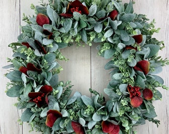 Christmas wreath for front door, Lambs ear wreath, eucalyptus wreath, farmhouse wreath, greenery wreath, wreath with bow, all year