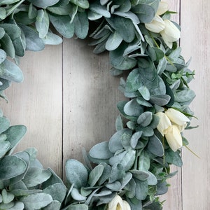 Lambs ear wreath with eucalyptus and ivory tulips, front door farmhouse wreath, Year round Rustic, All Year Wreath, Wedding Bridal Wreath image 9