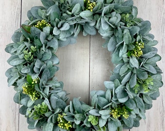 All season front door wreath, summer, fall, spring, year round wreath, lambs ear wreath, farmhouse wreath, eucalyptus wreath