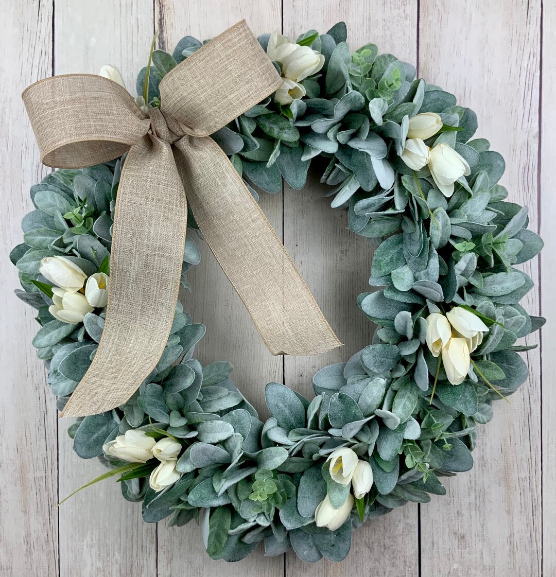 Lamb’s Ear Wreath With Eucalyptus and Ivory Tulips, Front Door ...