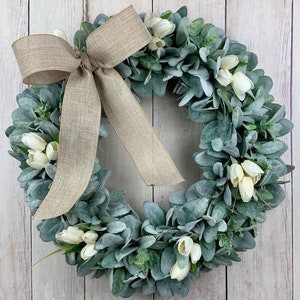 Lambs ear wreath with eucalyptus and ivory tulips, front door farmhouse wreath, Year round Rustic, All Year Wreath, Wedding Bridal Wreath Burlap Bow