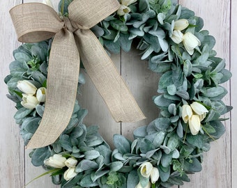 Lamb’s ear wreath with eucalyptus and ivory tulips,  Front door farmhouse rustic Wreath, Burlap bow, Wedding Bridal, Year Round Wreath, gift