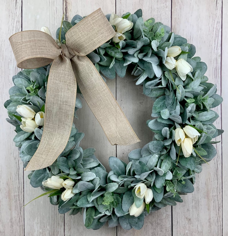 Lambs ear wreath with eucalyptus and ivory tulips, front door farmhouse wreath, Year round Rustic, All Year Wreath, Wedding Bridal Wreath Burlap Bow