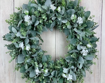 Spring Lambs ear and eucalyptus wreath for front door with white flowers, year round wreath, all season farmhouse wreath, greenery wreath