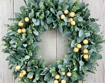 Fall lamb's ear eucalyptus outdoor wreath for front door with tan berries, year round wreath, farmhouse rustic, gift for mom