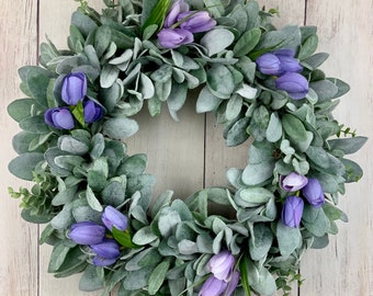 Spring summer wreath for front door, spring wreath, summer wreath, lambs ear wreath, tulip wreath, outdoor, Mother’s Day gift, farmhouse