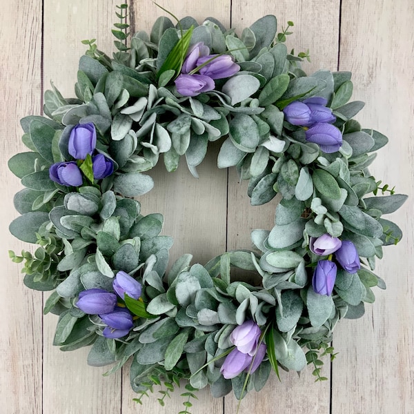 Spring summer wreath for front door, spring wreath, summer wreath, lambs ear wreath, tulip wreath, outdoor, Mother’s Day gift, farmhouse