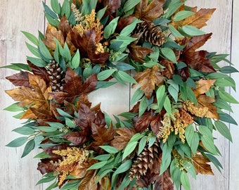 Fall wreath for front door with eucalyptus, fall maple leafs, pinecones, astilbes, outdoor large rustic wreath, lifelike, natural look