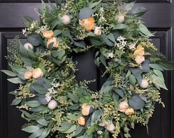 Spring summer wreath for front door with eucalyptus, fern, yellow flowers, white babys breath, outdoor all year greenery, gift for mom,