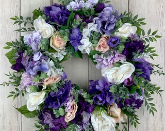 Spring summer wreath for front door, artificial floral grapevine wreath, Mother’s Day, purple hydrangeas, pink and white roses, vibrant