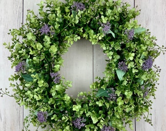 Spring eucalyptus outdoor wreath for front door, everyday door wreath, water resistant  wreath with purple, gift for mom, all season wreath