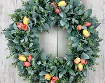 Spring wreath, Lambs ear wreath, Tulip wreath, front door wreath, eucalyptus wreath, Victorian, greenery wreath, all year wreath, burlap bow