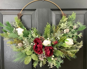 Winter wreath for front door, gold hoop wreath with frosted evergreens, Victorian red and white roses, pinecones, eucalyptus, white berries