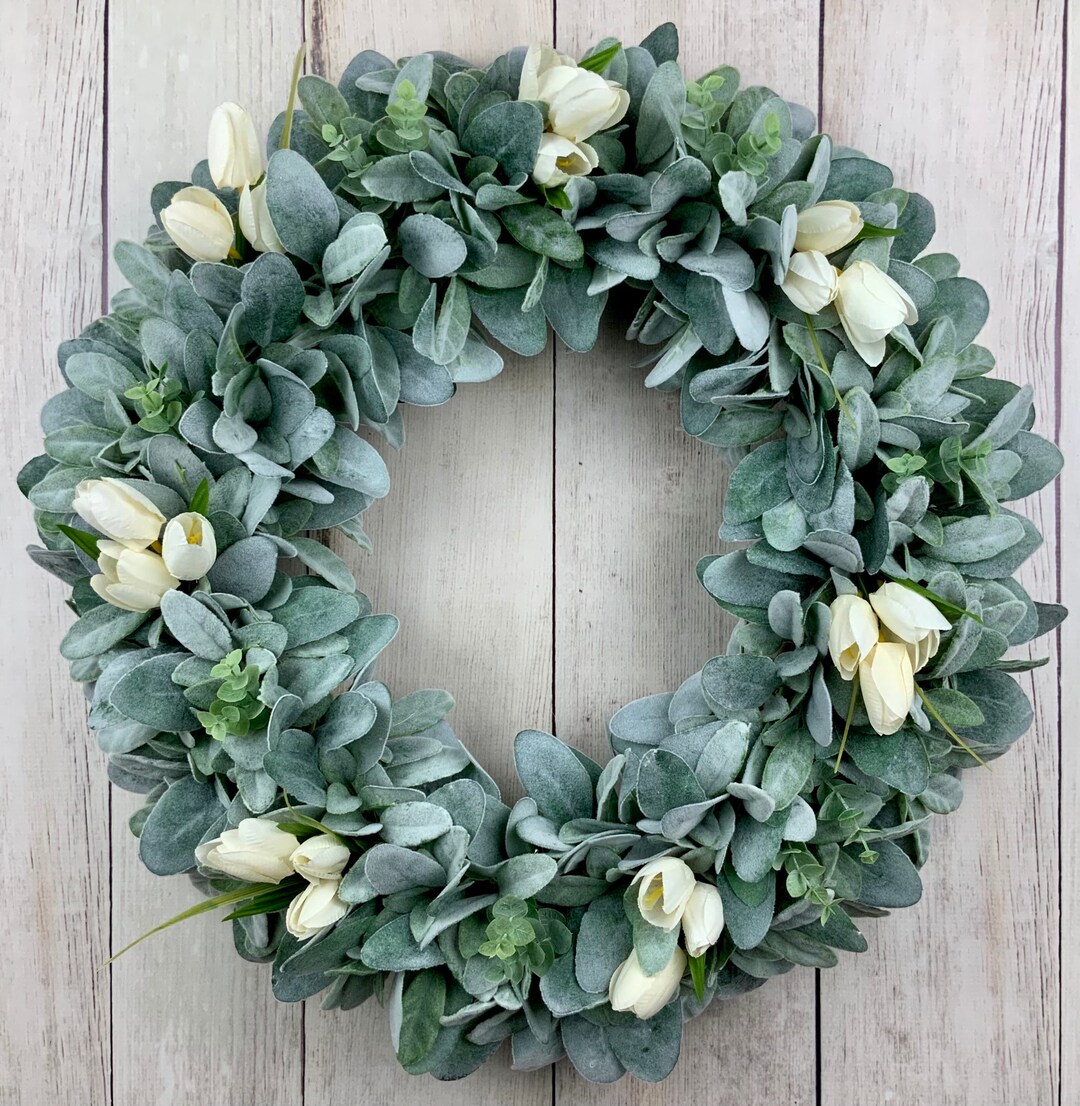 Lamb’s Ear Wreath With Eucalyptus and Ivory Tulips, Front Door ...