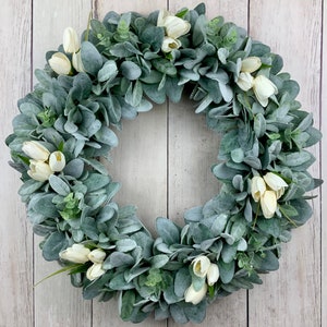 Lambs ear wreath with eucalyptus and ivory tulips, front door farmhouse wreath, Year round Rustic, All Year Wreath, Wedding Bridal Wreath No Bow