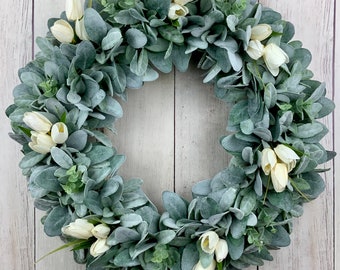 Lamb’s ear wreath with eucalyptus and ivory tulips, front door farmhouse wreath, Year round Rustic,  All Year Wreath, Wedding Bridal Wreath