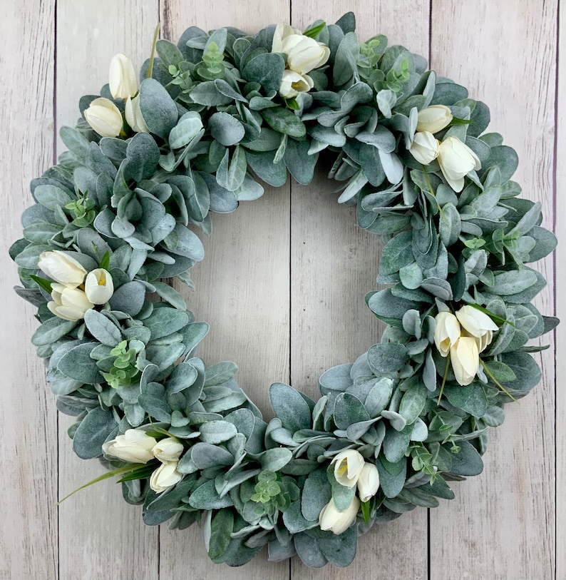 Lambs ear wreath with eucalyptus and ivory tulips, front door farmhouse wreath, Year round Rustic, All Year Wreath, Wedding Bridal Wreath No Bow