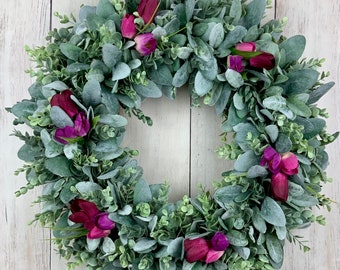 Spring wreath, Lambs ear wreath, Tulip wreath, front door wreath, eucalyptus wreath, Victorian, greenery wreath, all year wreath, burlap bow