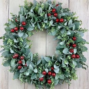 Christmas wreath for front door, Lambs ear wreath, eucalyptus wreath, farmhouse wreath, greenery wreath, wreath with bow, frosted berries