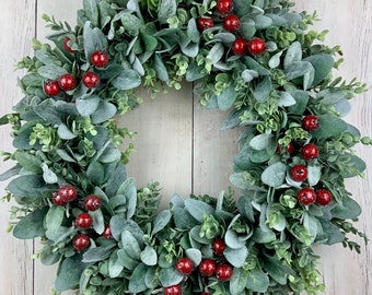 Christmas wreath for front door, Lambs ear wreath, eucalyptus wreath, farmhouse wreath, greenery wreath, wreath with bow, frosted berries